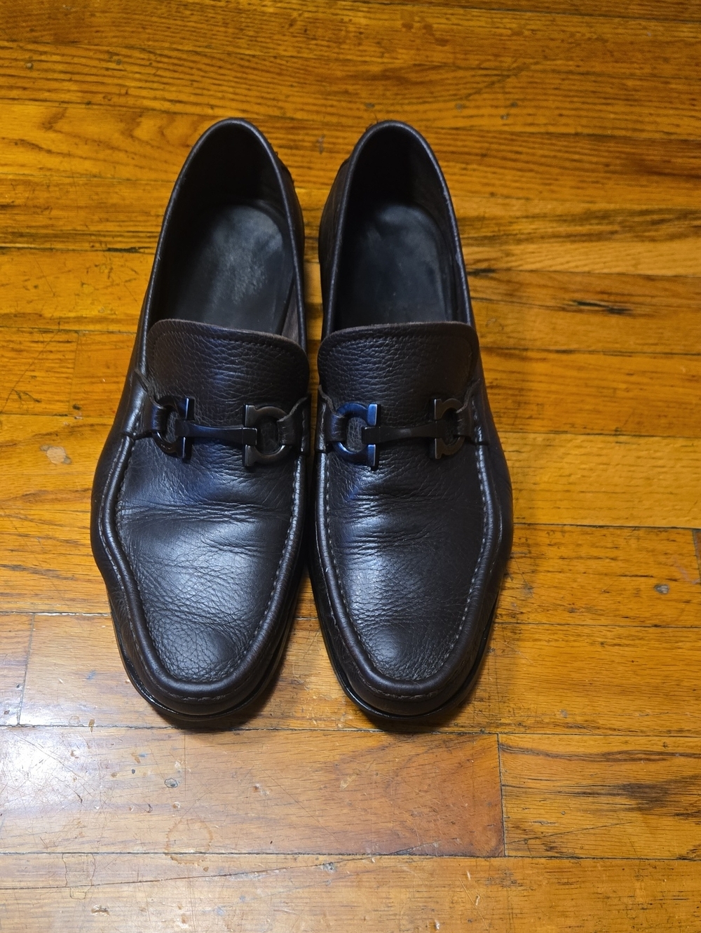 Ferragamo Grandioso Gancini Bit Brown Pebble Leather Loafers Men’s Size 10D